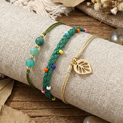 Set di 3 braccialetti intrecciati in acciaio inossidabile con perline rotonde di agata naturale a strisce e perline di vetro&nbsp;XI5712-12