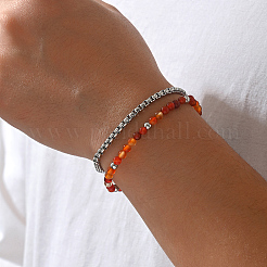Bracelets à un rang de perles rondes en cornaline naturelle avec chaînes à maillons carrés en acier inoxydable 201 pour hommes et femmes&nbsp;EI8345-2