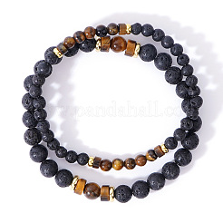 2 Stück Stretch-Armband-Set aus natürlichem gelbem Tigerauge und Lavastein mit runden Perlen für Männer und Frauen&nbsp;LM4731