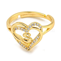 Anillos ajustables de circonita cúbica transparente con micropavé de latón chapado en forma de corazón y letras para mujer&nbsp;RJEW-I105-01G-S