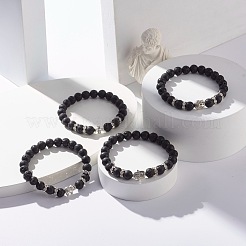 Bracciale elastico tondo in pietra lavica naturale con perline in lega&nbsp;BJEW-JB07459