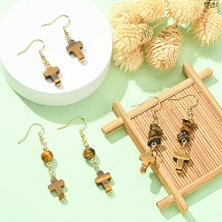 3 par de pendientes colgantes de ojo de tigre natural con cruz&nbsp;EJEW-JE05306