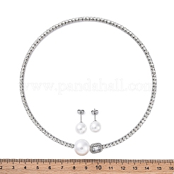 Runde Ohrstecker aus Plastik mit Kunstperlen und rechteckige Manschetten-Halsketten-Sets mit Zirkonia und Strassen&nbsp;SJEW-U003-06P