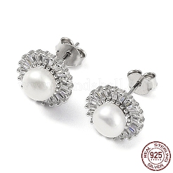 Anlaufgeschützte Ohrstecker mit Zirkonia-Blume und Naturperle&nbsp;EJEW-F318-16P