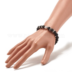 Bracciale elastico tondo in pietra lavica naturale con perline in lega&nbsp;BJEW-JB07459