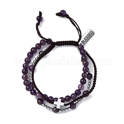 Bracciali regolabili con perline intrecciate in ametista naturale ed ematite&nbsp;BJEW-U035-01C
