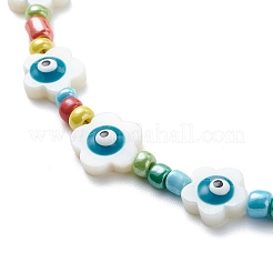 Fiore di conchiglia naturale con malocchio e braccialetto elasticizzato con collana di perline di semi di vetro&nbsp;SJEW-JS01248