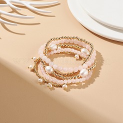 Set di braccialetti elasticizzati con perline in ottone e quarzo rosa naturale in stile 5 pz 5&nbsp;BJEW-JB08870-02
