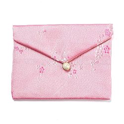Bolsas de almacenamiento de joyas de tela floral de estilo chino, con botón de plástico, Caja de regalo de joyería rectangular para pulseras., pendientes, anillos, patrón aleatorio, rosa, 9.5x12x0.3~0.7 cm