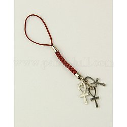 Nylon Mobile Straps for Easter, with Tibetan Style Pendants, Ankh Cross, Coconut Brown, 100mm