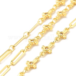 Rack Plating Brass Cross & Oval Link Chains, with Clear Cubic Zirconia, Long-Lasting Plated, Soldered, with Spool, Cadmium Free & Lead Free, Golden, 10x5x1.5mm, 10x2x0.5mm