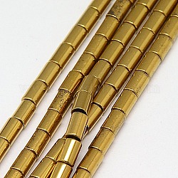Electroplate Non-magnetic Synthetic Hematite Beads Strands, Column, Grade A, Golden Plated, 5x3mm, Hole: 1mm, about 80pcs/strand, 16 inch
