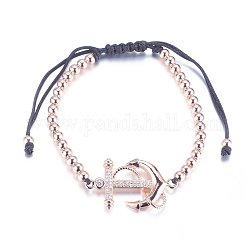 Bracelets de perles tressés en laiton réglables, avec cordon en nylon et micro pavé de zircone cubique, sans plomb et sans cadmium, ancre, or rose, 1-3/4 pouce (44 mm)