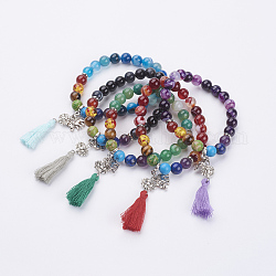 Chakra Jewelry, Cotton Thread Tassel Charm Bracelets, with Natural & Synthetic Gemstone and Zinc Alloy Lotus Flower Beads, Mixed Color, 2 inch(50mm)