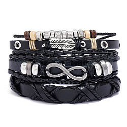 3 ensemble de bracelets à cordon en cuir de 3 styles, bracelets réglables en alliage plumes et maillons infinis avec cordons cirés, noir, diamètre intérieur: 2-1/2 pouce (6.5 cm), 1pc / style