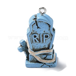Colgantes de la resina, Amuletos de lápida sepulcral de Halloween con aros de hierro en tono platino, luz azul cielo, 31x20x12.5mm, agujero: 2 mm
