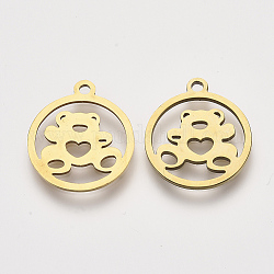 201 Stainless Steel Pendants, Laser Cut Pendants, Flat Round with Bear, Golden, 17.5x15.5x1mm, Hole: 1.4mm