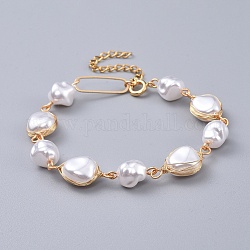 Bracelets de perles en plastique imitation de perles, avec les accessoires en laiton, or, blanc, 7-1/2 pouce (19.2 cm)