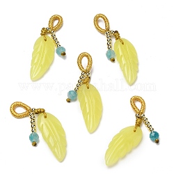 Natural Lemon Jade Pendants, Leaf Charms with Faceted Natural Stone and Brass Beads, Real 14K Gold Plated, 37mm