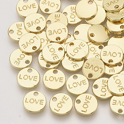 合金チャーム  ワード「love」を刻まれたフラットラウンド  ライトゴールド  9x1.5mm  穴：1.4mm