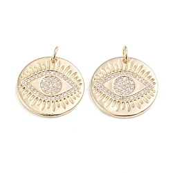 Brass Micro Pave Cubic Zirconia Pendants, with Jump Rings, Long-Lasting Plated, Flat Round with Eye, Clear, Real 18K Gold Plated, 22x2mm, Jump Ring: 6x1mm, 3.5mm Inner Diameter