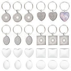 UNICRAFTALE 12pcs Heart Flat Round Oval Square Alloy Keychains with 304 Stainless Steel Split Key Rings and Transparent Glass Cabochons Antique Silver Keychains for Jewlery Making 5.5~6cm