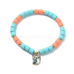 Polymer Clay Column Beaded Stretch Bracelets, with Alloy Owl Charms, Salmon, Inner Diameter: 2-1/4 inch(5.7cm)