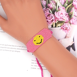Pulsera de cuentas trenzadas con semillas de vidrio, pulsera de amistad con cara sonriente para mujer, color de rosa caliente, 11 pulgada (28 cm)