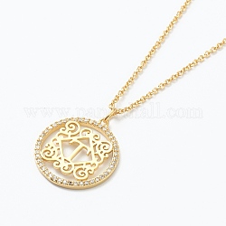 Brass Micro Pave Clear Cubic Zirconia Pendant Necklaces, Flat Round with Letter, Real 18K Gold Plated, Letter.T, 16.14~17.20 inch(41~43.7cm)