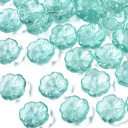 Perlas de vidrio pintado en aerosol transparente, flor, turquesa, 15x15x6mm, agujero: 1.2 mm