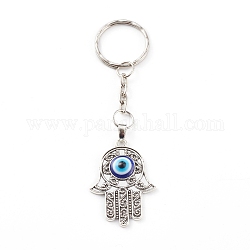 Porte-clés émail alliage, avec porte-clés fendus, Hamsa main avec le mauvais œil, bleu, argent antique, 10.1 cm