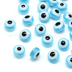 Harz perlen, Flachrund, bösen Blick, Licht Himmel blau, 7.5~8x5~6 mm, Bohrung: 1.8~2 mm
