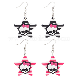 ANATTASOUL 2 Pairs 2 Colors Resin Star with Skull Dangle Earrings, Halloween Alloy Long Drop Earrings for Women, Mixed Color, 60mm, Pin: 0.6mm, 1 Pair/color