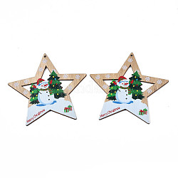 Ciondoli grandi in legno stampati su un lato a tema natalizio, stella con pupazzo di neve, verde, 105x109x2.5mm, Foro: 2.5 mm