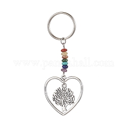 Heart Alloy Pendant Keychain, with Chakra Gemstone Chip and Iron Split Key Rings, Tree of Life, 7.4cm