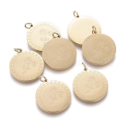 Ion Plating(IP) 304 Stainless Steel Pendants, with Jump Rings, Flat Round with Flower & Bees, Golden, 21.5x20x1.7mm, Hole: 3.2mm