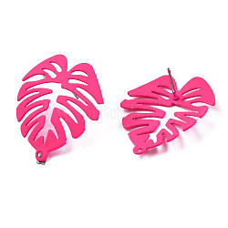 Accessoires de puces d'oreilles en fer peints au spray, avec boucles horizontales, feuille de monstera, rose foncé, 28.5x24mm, Trou: 1.4mm, pin: 0.7 mm