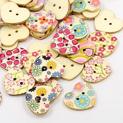 Mixed Printed Wooden Buttons, 2-Hole, Heart, BurlyWood, 22x25x2.5~3mm, Hole: 1.5mm