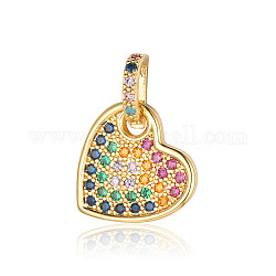 Brass Micro Pave Colorful Cubic Zirconia Pendants, Flat Round with Heart Charms, Real 18K Gold Plated, 24x17x1.8mm