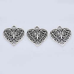 Pendente in lega stile tibetano,  cadmio& piombo libero, cuore con la farfalla, argento antico, 23x22x2mm, Foro: 2 mm