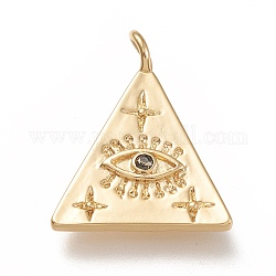 Colgantes de latón, con circonita, triángulo con el ojo, real 18k chapado en oro, 23.5x19x3mm, agujero: 3 mm