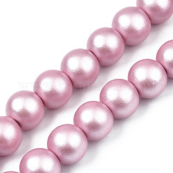 Painted Natural Wood Beads Strands, Round, Pink, 15~16x14~15mm, Hole: 3.5~4.5mm, about 25pcs/strand, 14.25 inch~14.33 inch(36.2cm~36.4cm)