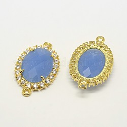 Golden Plated Brass Faceted Glass Oval Links Connectors, with Micro Pave Cubic Zirconia, Cornflower Blue, 29x18x6mm, Hole: 1mm