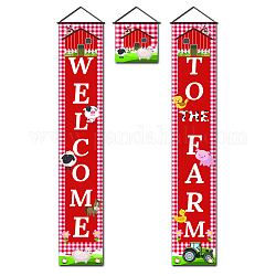 Polyester-Hängeschild für die Veranda-Dekoration der Haustür im Home Office, Rechteck & quadrat, Willkommen auf dem Bauernhof, rot, 180x30cm und 30x30cm, 3 Stück / Set