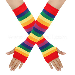 アクリル繊維糸編み指なし手袋  虹のストリップ模様の親指穴付きの長くて伸縮性のある冬用の暖かい手袋  カラフル  300~330x90mm
