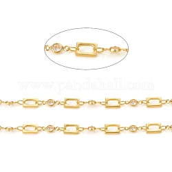 Brass Handmade Beaded Chains, with Cubic Zirconia Links, Soldered, with Spool, Long-Lasting Plated, Rectangle & Flat Round, Clear,Real 18K Gold Plated, 3.7x8x2mm, 5x7x1mm, about 32.8 Feet(10m)/roll