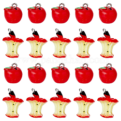Dicosmétique 40 pièces 2 styles pendentifs en résine de la journée des enseignants, breloques pomme et trognon de pomme, avec boucles en fer couleur platine, rouge, 15~32x15~22x12~20mm, Trou: 1.8~2mm, 20 pièces / style