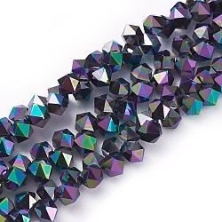 Chapelets de perles en verre électroplaqué, perles percées, plein plaqué, facette, hexagone, multi-couleur plaquée, 8x6x8mm, Trou: 1.2mm, Environ 100 pcs/chapelet, 15.7 pouce (40 cm)