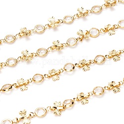 Handmade Brass Link Chains, with Glass and Spool, Long-lasting Plated, Unwelded, Heart, Golden, Flat Round: 10x5.5x2mm, Heart: 6x6x2mm, about 32.8 Feet(10m)/roll
