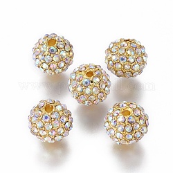 Perles de strass en alliage, Grade a, ronde, métal couleur or, cristal ab, 10mm